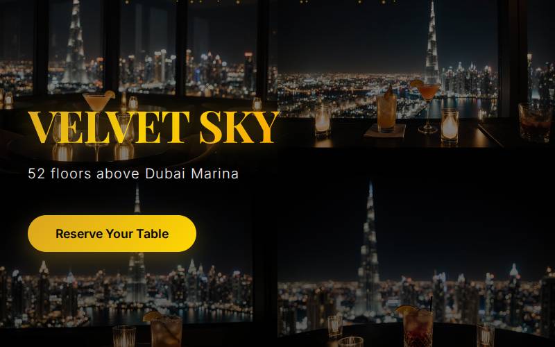 Website for Velvet Sky rooftop bar in Dubai