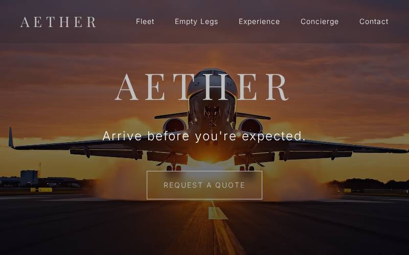 Website for Aether private jet charter in Monaco