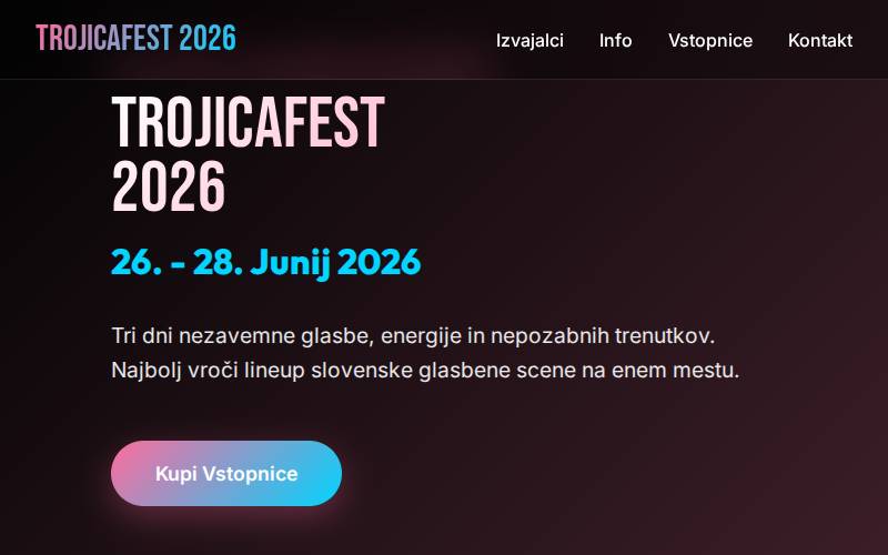 Website for Trojicafest 2026 music festival