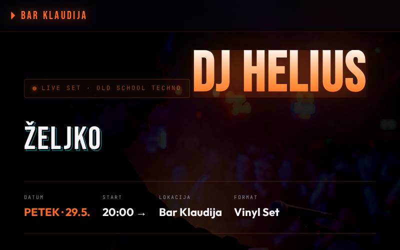 Website for DJ Helius at Bar Klaudija